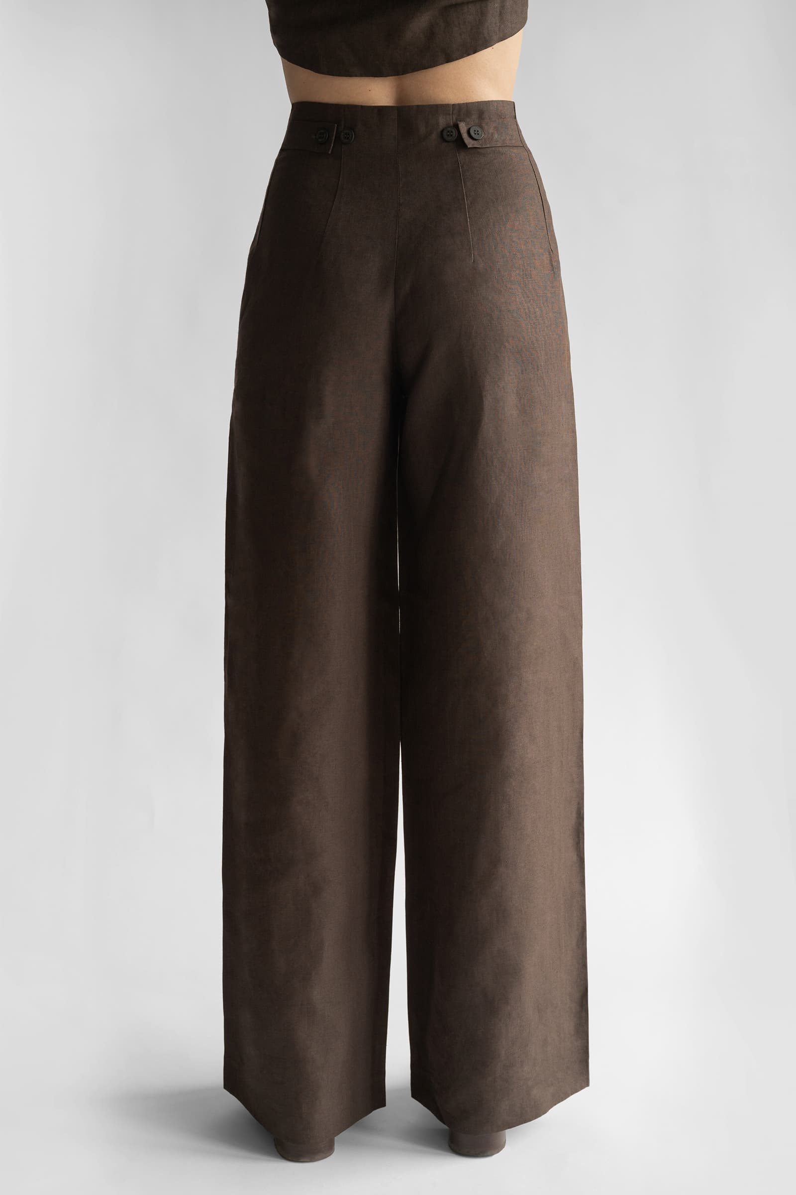 WIDE-LEG LINEN TROUSERS DARK BROWN - Image 4