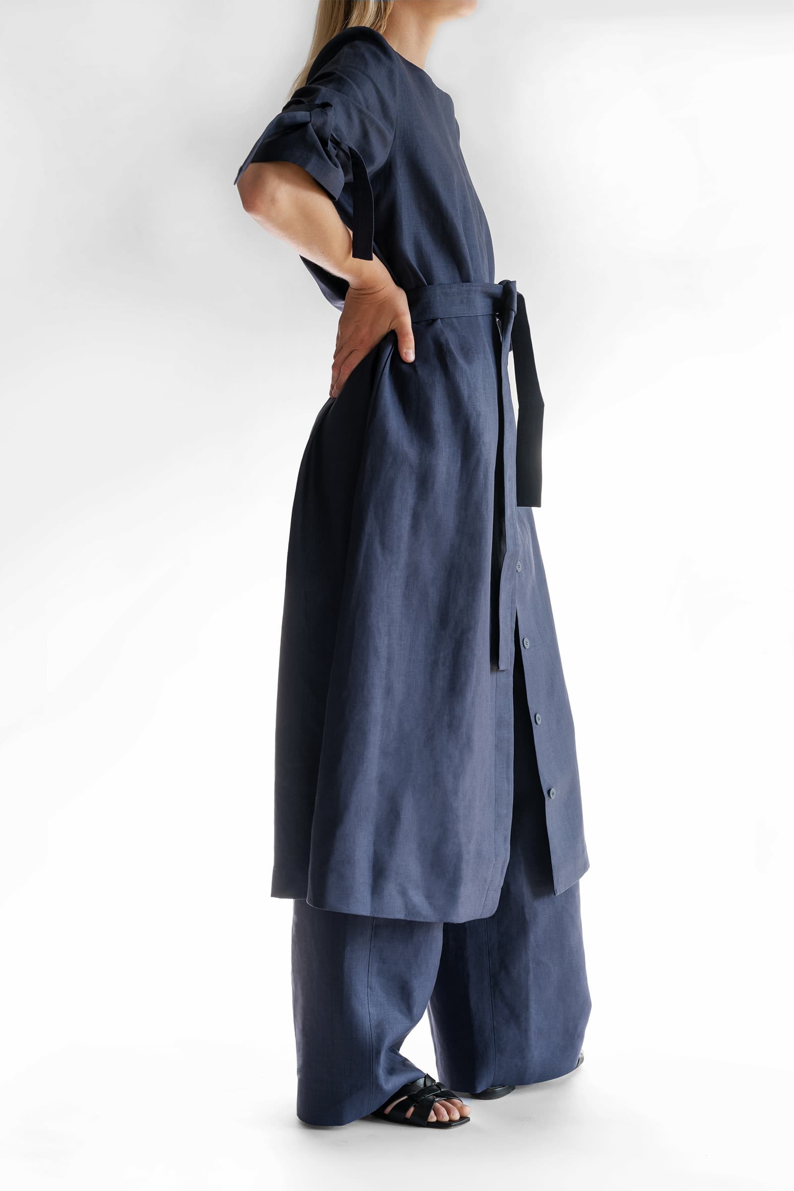 WIDE-LEG LINEN TROUSERS STEEL BLUE - Image 2