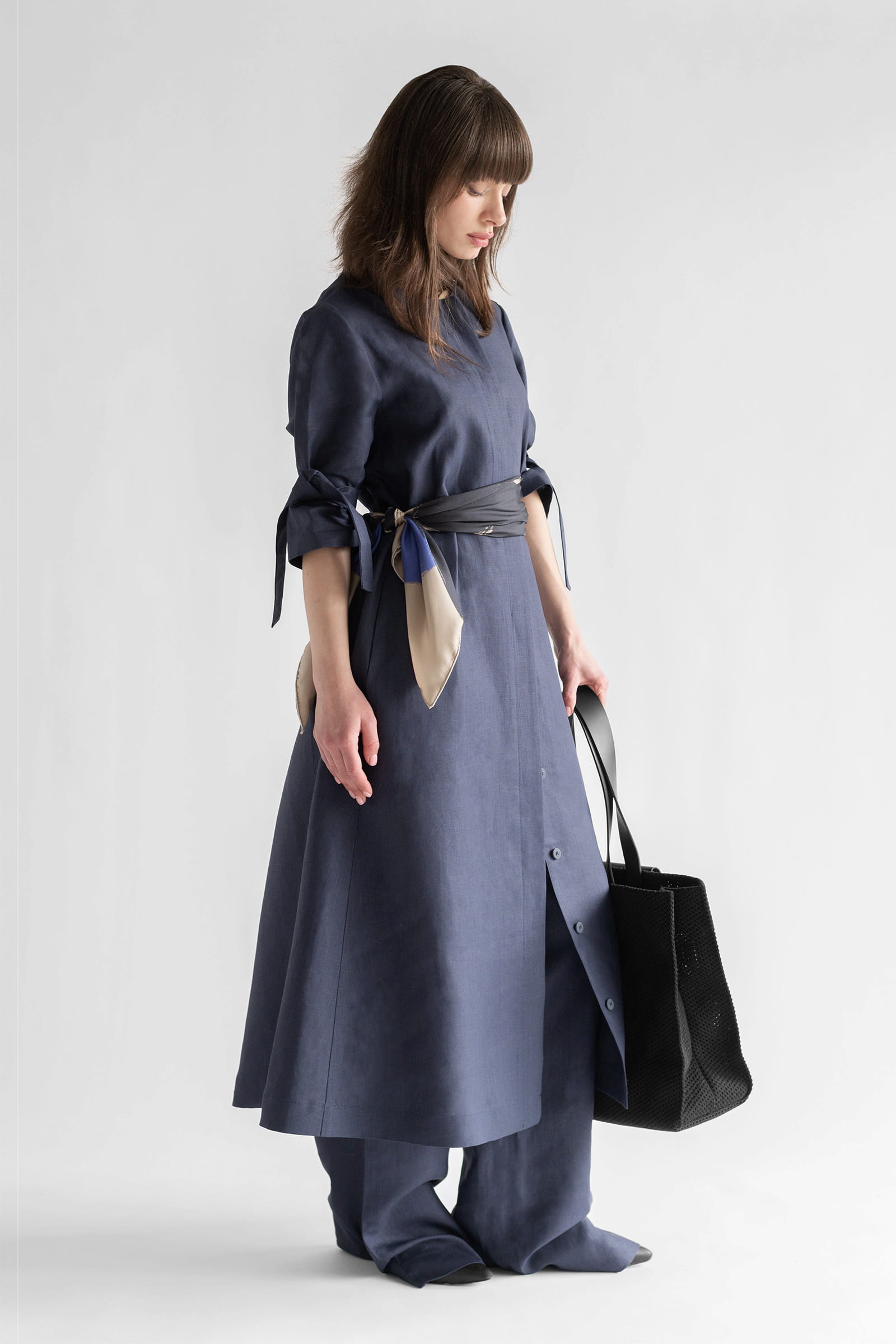 BELTED LINEN DRESS STEEL BLUE - Image 4